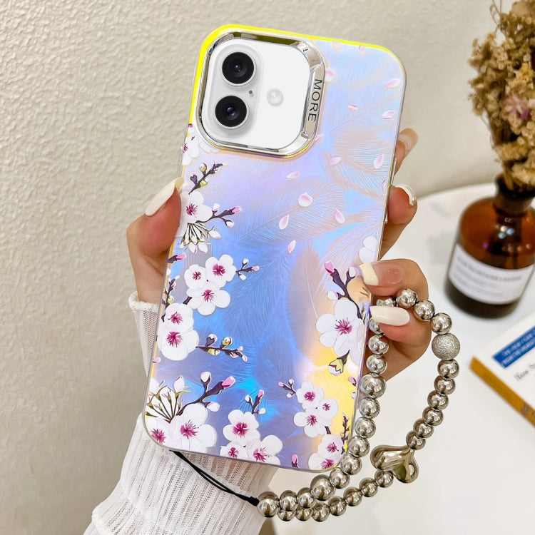 For iPhone 16 Electroplating Laser Flower Phone Case with Wrist Strap(Plum Blossom AH18) - iPhone 16 Cases by buy2fix | Online Shopping UK | buy2fix