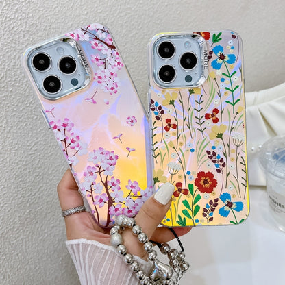 For iPhone 16 Pro Electroplating Laser Flower Phone Case with Wrist Strap(Drawn Flowers AH3) - iPhone 16 Pro Cases by buy2fix | Online Shopping UK | buy2fix