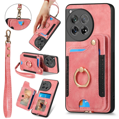 For OnePlus 12 5G Retro Skin-feel Ring Multi-card RFID Wallet Phone Case(Pink) - OnePlus Cases by buy2fix | Online Shopping UK | buy2fix