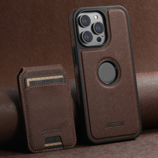 For iPhone 15 Pro Suteni M2 Cross-Grain MagSafe Vertical Card Back Phone Case(Brown) - iPhone 15 Pro Cases by Suteni | Online Shopping UK | buy2fix