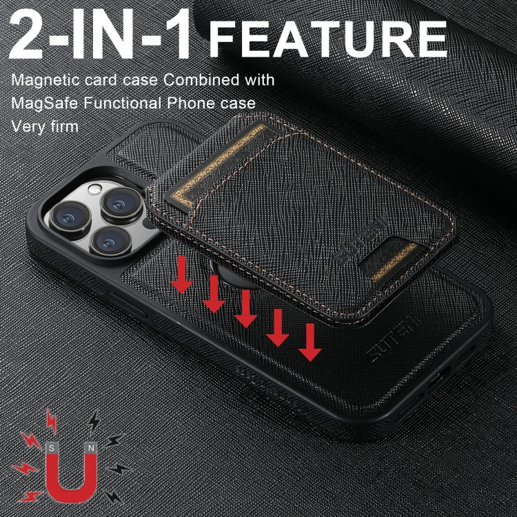 For iPhone 14 Suteni M2 Cross-Grain MagSafe Vertical Card Back Phone Case(Black) - iPhone 14 Cases by Suteni | Online Shopping UK | buy2fix