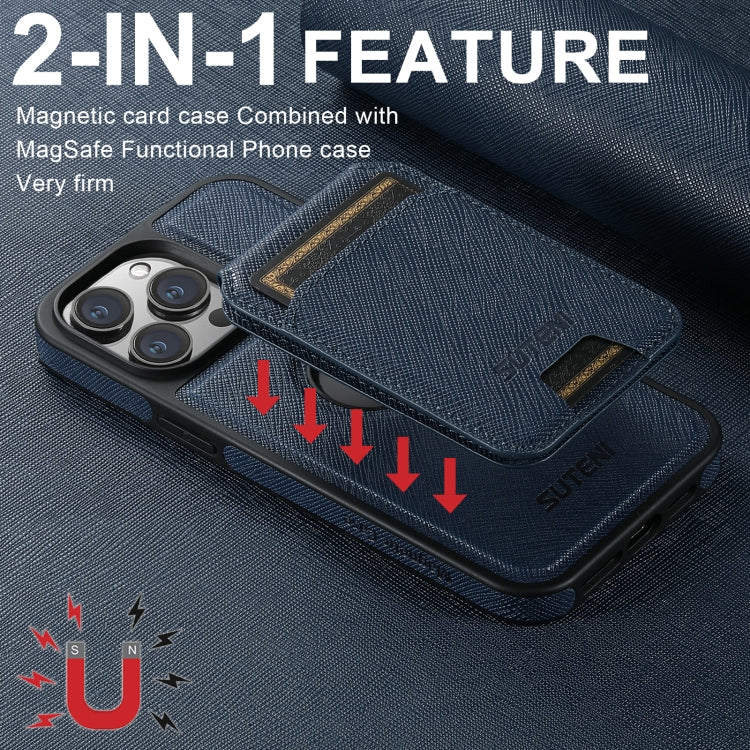 For iPhone 12 Pro Suteni M2 Cross-Grain MagSafe Vertical Card Back Phone Case(Blue) - iPhone 12 / 12 Pro Cases by Suteni | Online Shopping UK | buy2fix