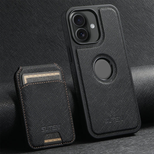 For iPhone 16 Plus Suteni M2 Cross-Grain MagSafe Vertical Card Back Phone Case(Black) - iPhone 16 Plus Cases by Suteni | Online Shopping UK | buy2fix