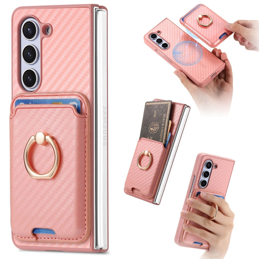 For Samsung Galaxy Z Fold6 Carbon Fiber Ring Card Bag Magsafe Phone Case(Pink) - Galaxy Z Fold6 5G Cases by buy2fix | Online Shopping UK | buy2fix