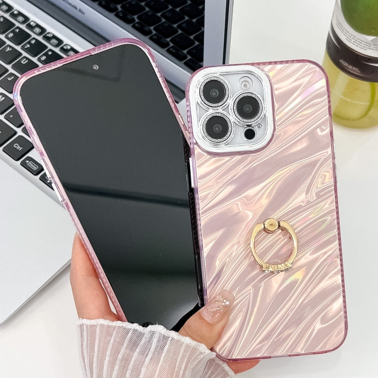 For iPhone 16 Pro Max Plating Glitter Texture Ring Holder TPU Phone Case with Lens Film(Pink Wrinkles) - More iPhone Cases by buy2fix | Online Shopping UK | buy2fix