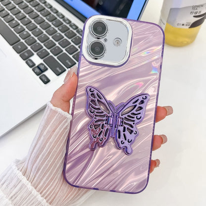 For iPhone 16 Plating Glitter Texture Butterfly Holder TPU Phone Case with Lens Film(Purple Water Ripples) - iPhone 16 Cases by buy2fix | Online Shopping UK | buy2fix