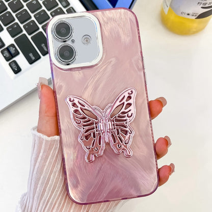 For iPhone 16 Plating Glitter Texture Butterfly Holder TPU Phone Case with Lens Film(Pink Feather Yarn) - iPhone 16 Cases by buy2fix | Online Shopping UK | buy2fix