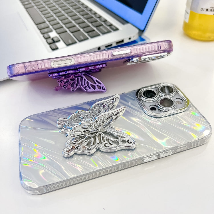 For iPhone 16 Pro Plating Glitter Texture Butterfly Holder TPU Phone Case with Lens Film(Pink Feather Yarn) - iPhone 16 Pro Cases by buy2fix | Online Shopping UK | buy2fix