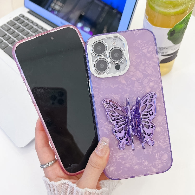 For iPhone 16 Pro Plating Glitter Texture Butterfly Holder TPU Phone Case with Lens Film(Purple Feathers) - iPhone 16 Pro Cases by buy2fix | Online Shopping UK | buy2fix