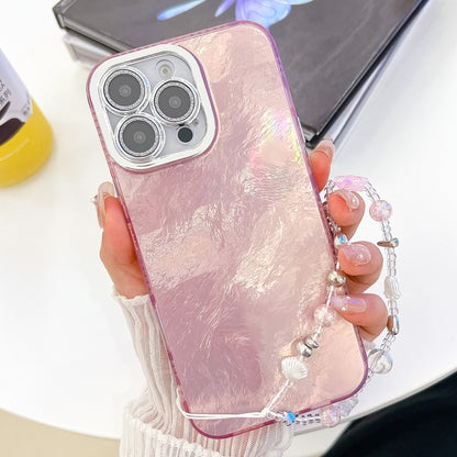 For iPhone 16 Plus Plating Glitter Texture Chain Wristband TPU Phone Case with Lens Film(Pink Tinfoil Texture) - iPhone 16 Plus Cases by buy2fix | Online Shopping UK | buy2fix