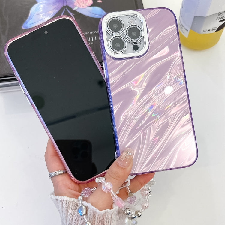 For iPhone 16 Plating Glitter Texture Chain Wristband TPU Phone Case with Lens Film(Purple Tinfoil Texture) - iPhone 16 Cases by buy2fix | Online Shopping UK | buy2fix