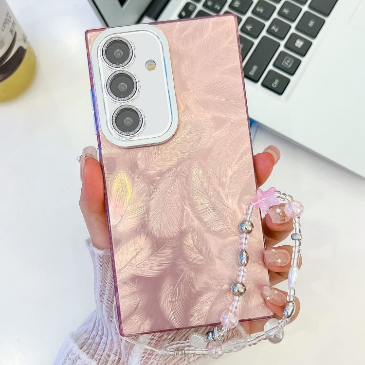 For Samsung Galaxy S25 5G Plating Glitter Texture Chain Wristband TPU Phone Case with Lens Film(Pink Feathers) - Galaxy S25 5G Cases by buy2fix | Online Shopping UK | buy2fix