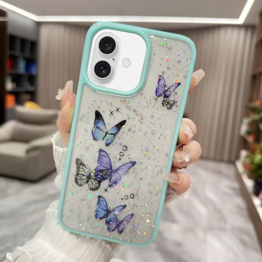 For iPhone 16 Plus Color Butterfly Glitter Epoxy TPU Phone Case(Green) - iPhone 16 Plus Cases by buy2fix | Online Shopping UK | buy2fix