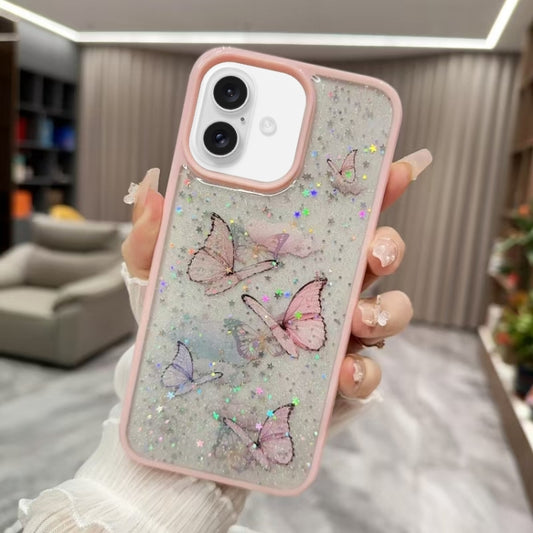 For iPhone 16 Plus Color Butterfly Glitter Epoxy TPU Phone Case(Pink) - iPhone 16 Plus Cases by buy2fix | Online Shopping UK | buy2fix