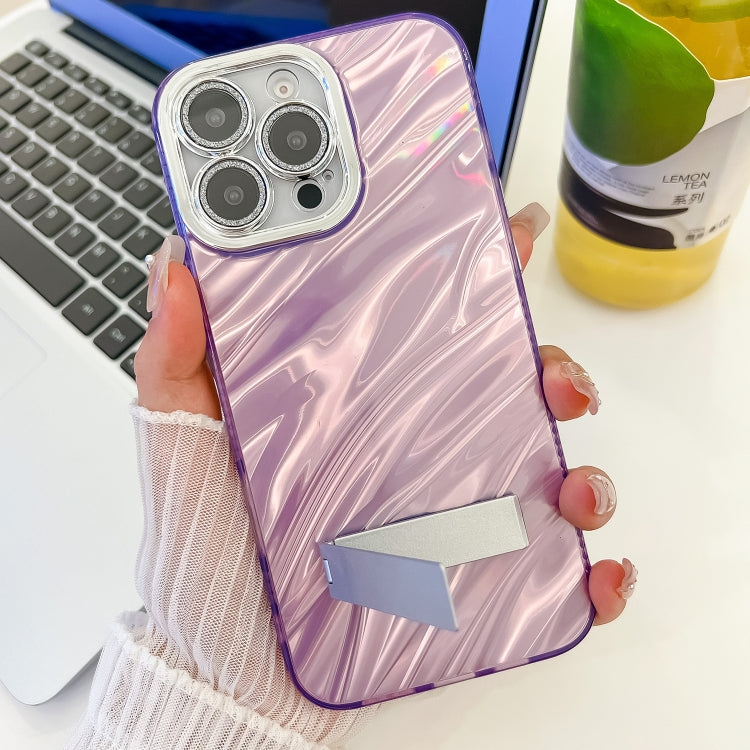 For iPhone 16 Plus Plating Glitter Texture Fold Holder TPU Phone Case with Lens Film(Purple Tinfoil Texture) - iPhone 16 Plus Cases by buy2fix | Online Shopping UK | buy2fix