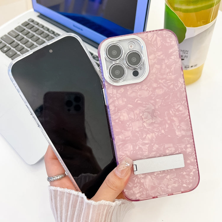 For iPhone 16 Plus Plating Glitter Texture Fold Holder TPU Phone Case with Lens Film(Pink Feather Yarn) - iPhone 16 Plus Cases by buy2fix | Online Shopping UK | buy2fix