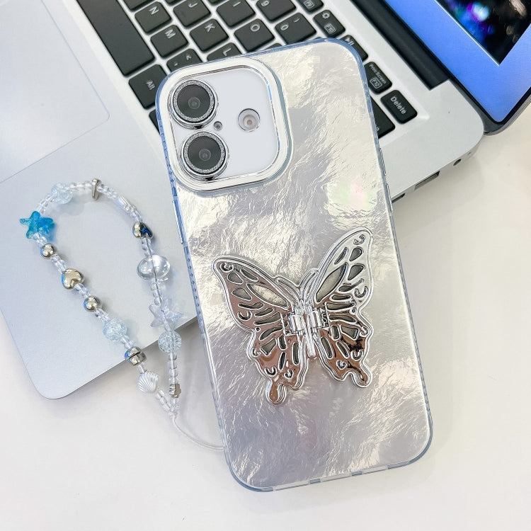 For iPhone 16 Plus Plating Glitter Lens Film Texture Butterfly Holder Wristband Phone Case(White Tinfoil Texture) - iPhone 16 Plus Cases by buy2fix | Online Shopping UK | buy2fix