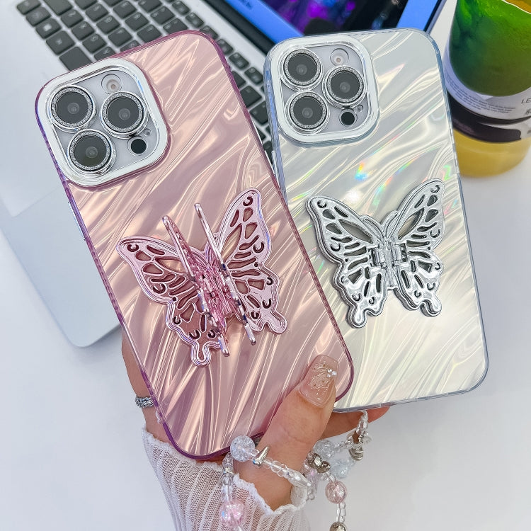 For iPhone 16 Plus Plating Glitter Lens Film Texture Butterfly Holder Wristband Phone Case(Purple Feather Yarn) - iPhone 16 Plus Cases by buy2fix | Online Shopping UK | buy2fix