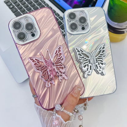 For iPhone 16 Plus Plating Glitter Lens Film Texture Butterfly Holder Wristband Phone Case(Pink Wrinkles) - iPhone 16 Plus Cases by buy2fix | Online Shopping UK | buy2fix