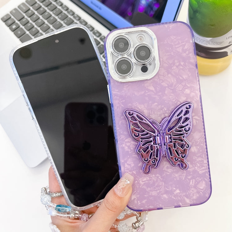 For iPhone 16 Plus Plating Glitter Lens Film Texture Butterfly Holder Wristband Phone Case(Pink Tinfoil Texture) - iPhone 16 Plus Cases by buy2fix | Online Shopping UK | buy2fix