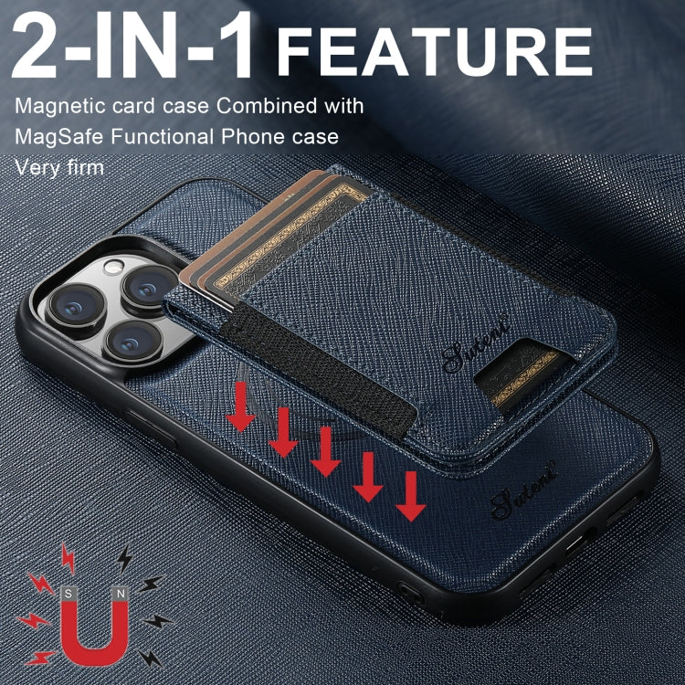 For iPhone 16 Pro Max Suteni H17 Cross Grain Leather MagSafe Detachable Wallet Phone Case(Blue) - iPhone 16 Pro Max Cases by Suteni | Online Shopping UK | buy2fix