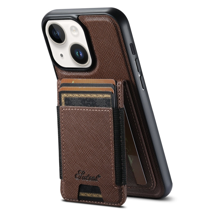 For iPhone 14 Plus Suteni H17 Cross Grain Leather MagSafe Detachable Wallet Phone Case(Brown) - iPhone 14 Plus Cases by Suteni | Online Shopping UK | buy2fix