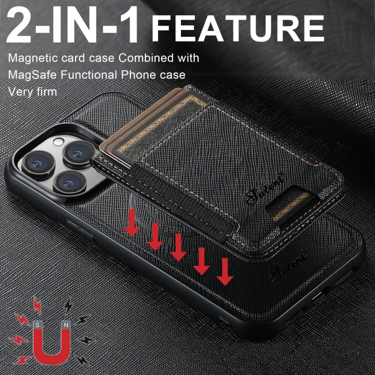 For iPhone 12 Suteni H17 Cross Grain Leather MagSafe Detachable Wallet Phone Case(Black) - iPhone 12 / 12 Pro Cases by Suteni | Online Shopping UK | buy2fix