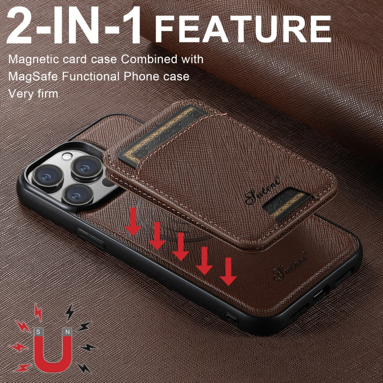 For iPhone 16 Plus Suteni H18 Cross Grain MagSafe Wallet Leather Phone Case(Brown) - iPhone 16 Plus Cases by Suteni | Online Shopping UK | buy2fix