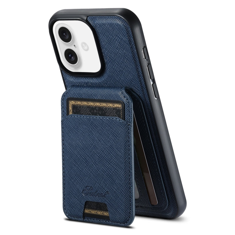 For iPhone 16 Plus Suteni H18 Cross Grain MagSafe Wallet Leather Phone Case(Blue) - iPhone 16 Plus Cases by Suteni | Online Shopping UK | buy2fix