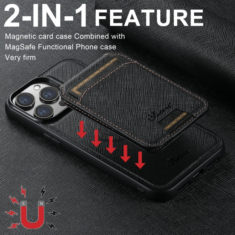 For iPhone 14 Pro Max Suteni H18 Cross Grain MagSafe Wallet Leather Phone Case(Black) - iPhone 14 Pro Max Cases by Suteni | Online Shopping UK | buy2fix