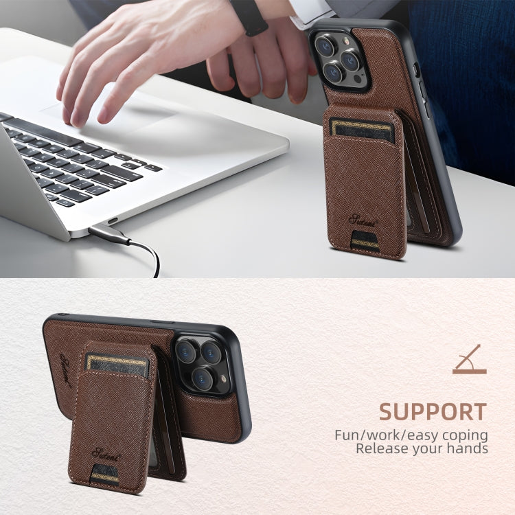 For iPhone 13 Suteni H18 Cross Grain MagSafe Wallet Leather Phone Case(Brown) - iPhone 13 Cases by Suteni | Online Shopping UK | buy2fix