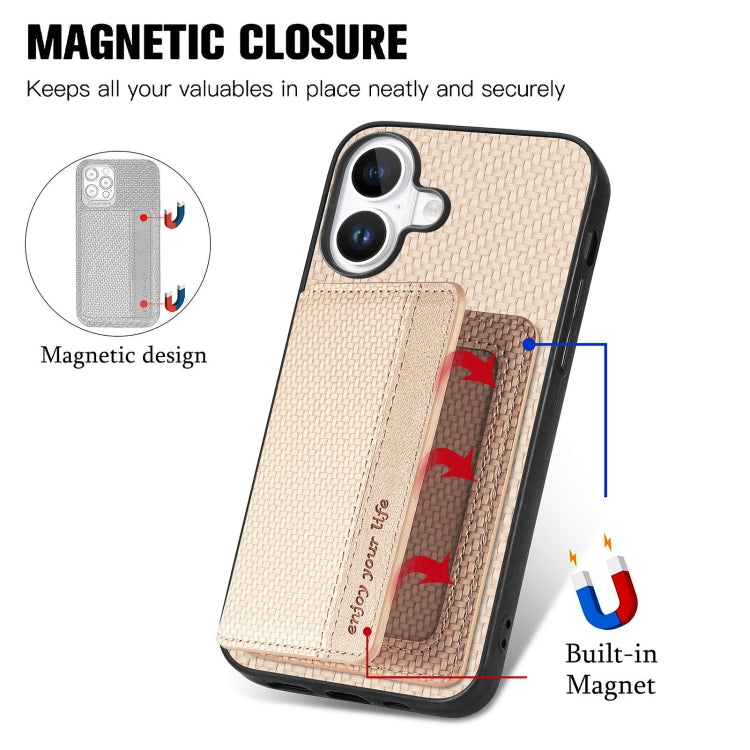 For iPhone 16 Plus Carbon Fiber Magnetic Card Wallet RFID Blocking Phone Case(Khaki) - iPhone 16 Plus Cases by buy2fix | Online Shopping UK | buy2fix