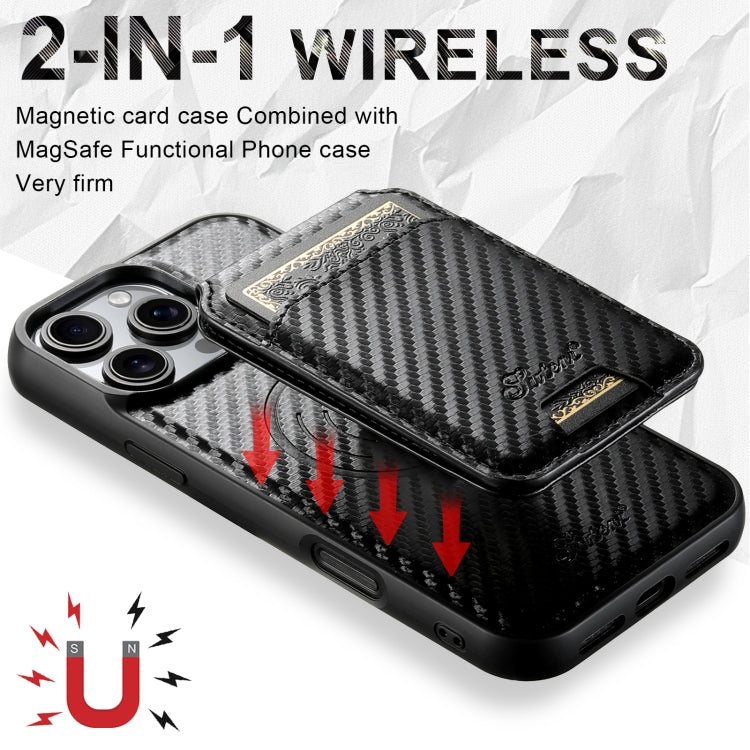 For iPhone 15 Plus Suteni TXWH18 Carbon Fiber Texture Detachable Wallet MagSafe Phone Case(Black) - iPhone 15 Plus Cases by Suteni | Online Shopping UK | buy2fix