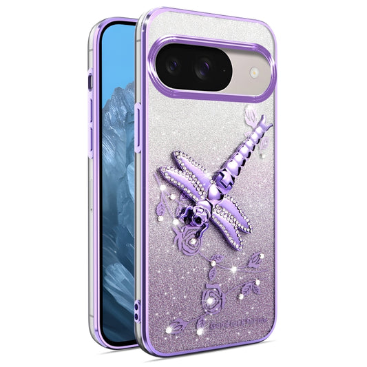 For Google Pixel 9 Pro Gradient Glitter Immortal 3D Dragonfly Holder Plated Phone Case(Purple) - Google Cases by buy2fix | Online Shopping UK | buy2fix