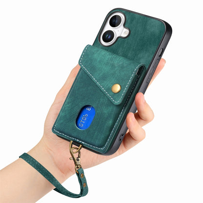 For iPhone 16 Retro Card Wallet Fold Leather Phone Case with Strap(Green) - iPhone 16 Cases by buy2fix | Online Shopping UK | buy2fix