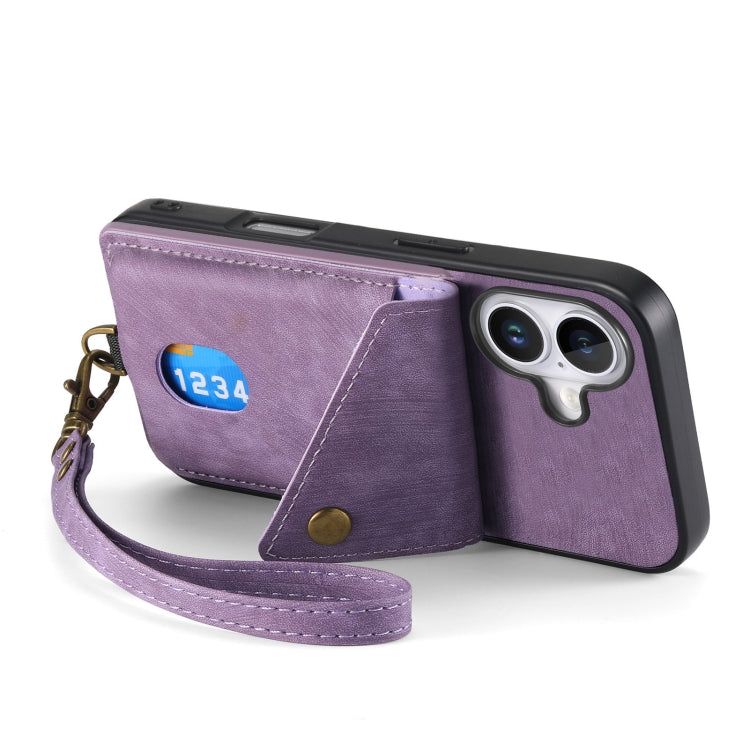 For iPhone 16 Retro Card Wallet Fold Leather Phone Case with Strap(Purple) - iPhone 16 Cases by buy2fix | Online Shopping UK | buy2fix