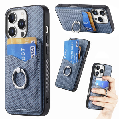 For iPhone 16 Pro Carbon Fiber Card Wallet Ring Phone Case(Blue) - iPhone 16 Pro Cases by buy2fix | Online Shopping UK | buy2fix