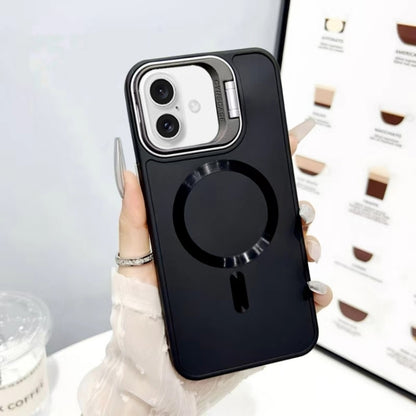 For iPhone 16 CD Texture Frosted MagSafe Lens Holder Phone Case(Black) - iPhone 16 Cases by buy2fix | Online Shopping UK | buy2fix