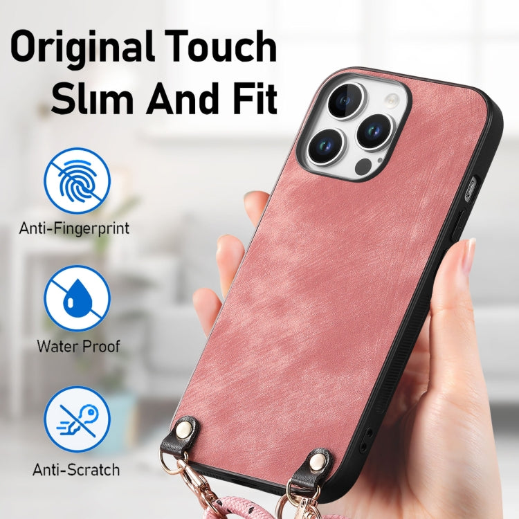 For iPhone 16 Pro Vintage Leather PC Back Cover Phone Case with Crossbody Strap(Pink) - iPhone 16 Pro Cases by buy2fix | Online Shopping UK | buy2fix