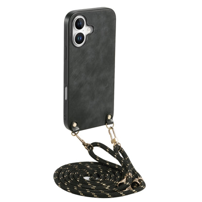 For iPhone 16 Vintage Leather PC Back Cover Phone Case with Crossbody Strap(Black) - iPhone 16 Cases by buy2fix | Online Shopping UK | buy2fix