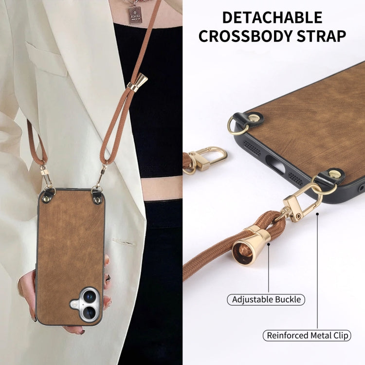 For iPhone 16 Vintage Leather PC Back Cover Phone Case with Crossbody Strap(Brown) - iPhone 16 Cases by buy2fix | Online Shopping UK | buy2fix