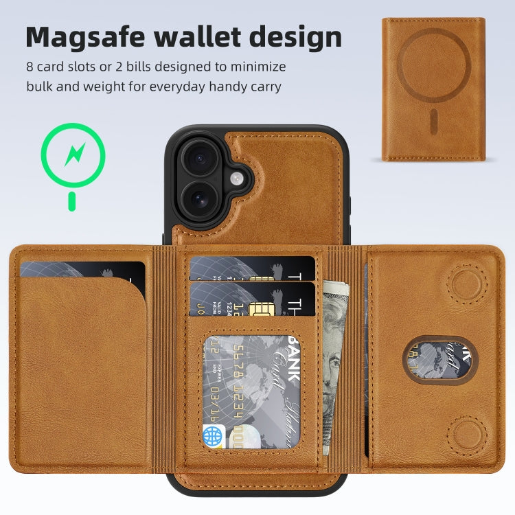 For iPhone 16 Shield Multi-functional MagSafe Card Bag Phone Case(Brown) - iPhone 16 Cases by buy2fix | Online Shopping UK | buy2fix