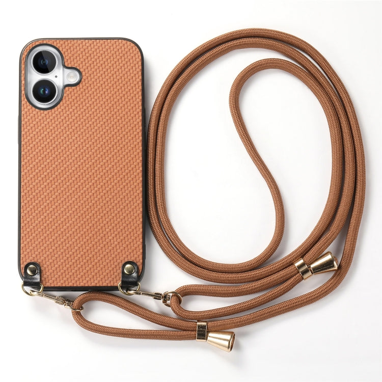 For iPhone 16 Plus Carbon Fiber Texture Leather Back Phone Case with Crossbody Strap(Brown) - iPhone 16 Plus Cases by buy2fix | Online Shopping UK | buy2fix