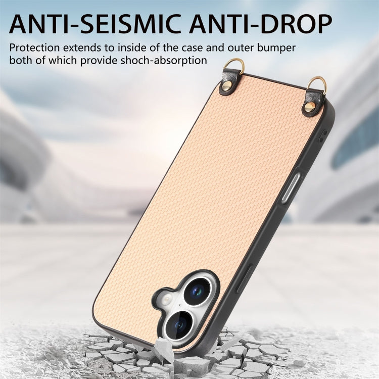 For iPhone 16 Carbon Fiber Texture Leather Back Phone Case with Crossbody Strap(Khaki) - iPhone 16 Cases by buy2fix | Online Shopping UK | buy2fix