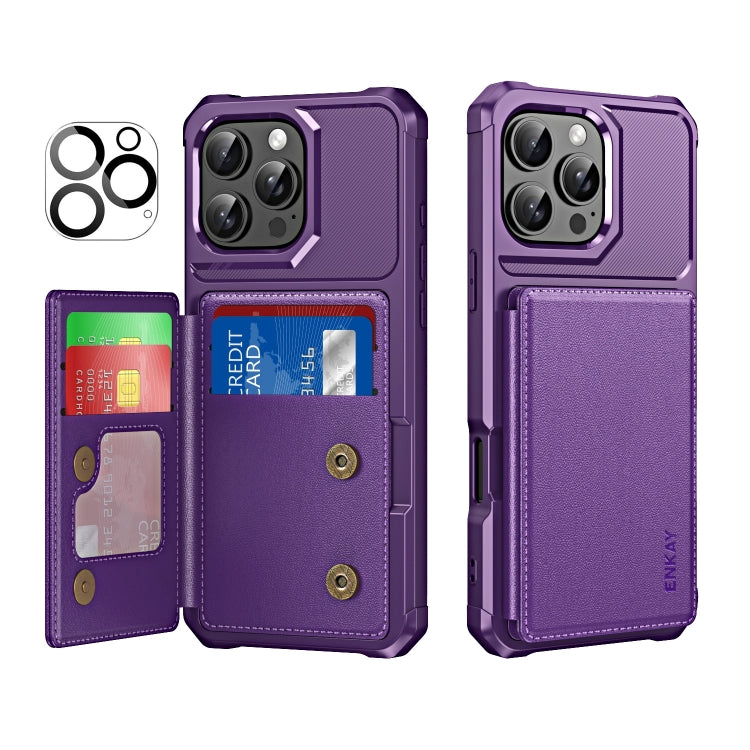 For iPhone 16 Pro ENKAY Hat-Prince Card Slot Wallet TPU Back Leather Phone Case with Lens Film(Purple) - iPhone 16 Pro Max Cases by ENKAY | Online Shopping UK | buy2fix