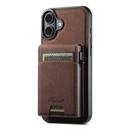 For iPhone 16 Plus Suteni H19 Litchi Grain 2-in-1 MagSafe Removable Card Box Back Phone Case(Brown) - iPhone 16 Plus Cases by Suteni | Online Shopping UK | buy2fix