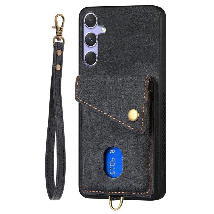 For Samsung Galaxy S25+ 5G Retro Card Wallet Fold Leather Phone Case with Strap(Black) - Galaxy S25+ 5G Cases by buy2fix | Online Shopping UK | buy2fix