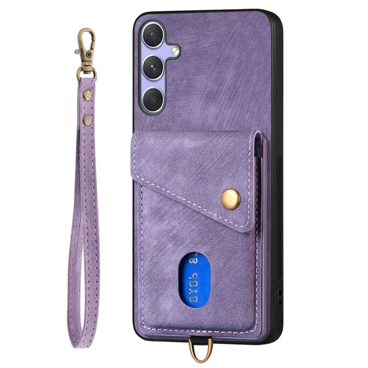 For Samsung Galaxy S25+ 5G Retro Card Wallet Fold Leather Phone Case with Strap(Purple) - Galaxy S25+ 5G Cases by buy2fix | Online Shopping UK | buy2fix