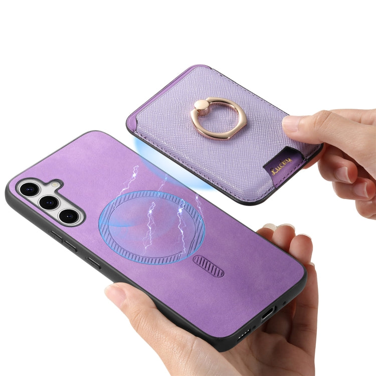 For Samsung Galaxy S25+ 5G Retro Cross Leather Ring Vertical Insert Card Bag MagSafe Phone Case(Purple) - Galaxy S25+ 5G Cases by buy2fix | Online Shopping UK | buy2fix