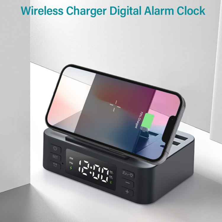 Wireless Charger Alarm Clock Foldable Mobile Stand With Pen Holder & Dual USB +1 Type-C Output(Black) - Multifunction Charger by buy2fix | Online Shopping UK | buy2fix